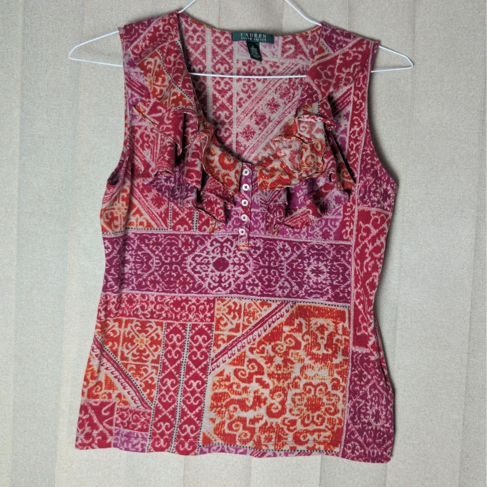 Lauren Ralph Lauren Pink Red Patchwork Ruffle V-Neck Sleeveless Cotton Top L